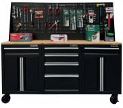 Set of 3 CSPS tool cabinets 183cm, black, wooden panel surface, mesh walls - 06 drawers (white handles)