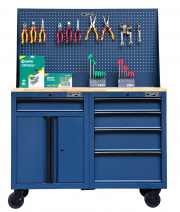 Set of 2 CSPS 122cm black tool cabinets with wooden surface and mesh wall - 05 drawers (white handle)