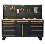 Tủ dụng cụ CSPS 183cm - 09 hộc kéo màu đen tay cầm vàng mặt ván gỗ kèm vách lưới