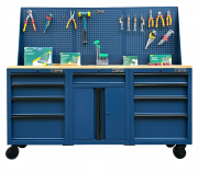 Set of 3 CSPS 183cm blue tool cabinets with wooden panel and mesh wall - 09 drawers