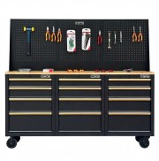 Tủ dụng cụ CSPS 183cm - 12 hộc kéo màu đen tay cầm vàng mặt ván gỗ kèm vách lưới