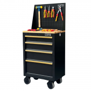 Tủ dụng cụ CSPS 61cm - 04 hộc kéo màu đen tay cầm vàng kèm bánh xe ván gỗ vách lưới