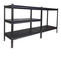 Black low steel plate shelf 152cmW x 35cmD x 91cmH.