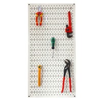 White 45x90 vertical hanging pegboard net with hanging accessories