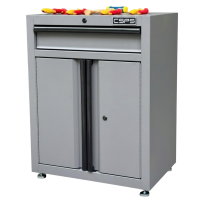 CSPS 61cm Black Tool Cabinet with Wooden Top, Pegboard, Casters – 4 Drawers (white handles)