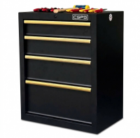 CSPS 61cm Black Tool Cabinet with Wooden Top, Pegboard, Casters – 4 Drawers (white handles)