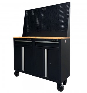 Bộ 2 Tủ dụng cụ CSPS 122cm màu đen mặt ván gỗ kèm vách lưới - 02 hộc kéo (tay cầm trắng)