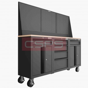 Bộ 3 Tủ dụng cụ CSPS 183cm màu đen mặt ván gỗ kèm vách lưới - 06 hộc kéo