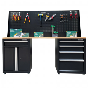 Bộ Bàn Nguội CSPS 183cm - 05 hộc kéo màu đen mặt ván gỗ vách lưới kèm chân tăng chỉnh (tay cầm trắng)